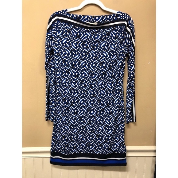 MICHAEL KORS MERCEER LONG SLEEVE BORDER PRINT SLINKY JERSEY SHIFT DRESS PETITE S - Picture 1 of 6